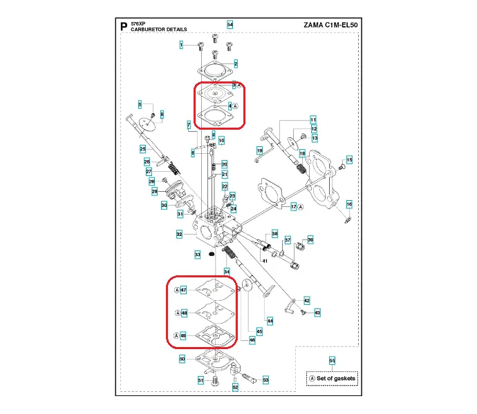 Schemat techniczny zestawu membran do pilarki Husqvarna 570/576 XP/XPG na białym tle. Cztery gęste membrany z mocowaniami i numerami identyfikacyjnymi, ułożone w układzie montażowym z detalami konstrukcyjnymi.