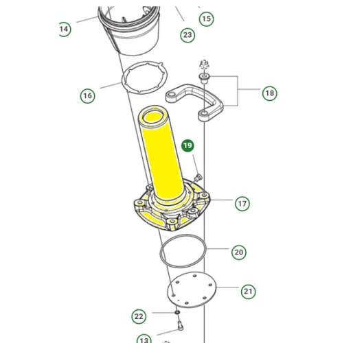 Ilustracja wewnętrznej rury zagęszczarki Husqvarna w żółtym, cylindrycznym kształcie, z mocowaniem na płaskiej podstawie z otworami. Elementy rozłożone z widocznymi numerami części.