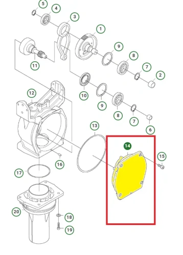 schemat, który przedstawia pokrywę silnika zagęszczarki Husqvarna LT 800. Korpus do skrzyni korbowej zagęszczarki