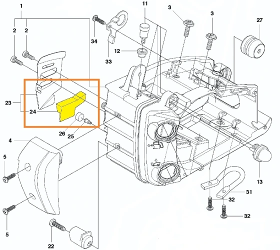 Uszczelka skrzyni korbowej pilarki spalinowej Husqvarna Model T425, zdjęcie schematu umiejscowienia uszczelki, uszczelka oznaczona kolorem żółtym, numerem 24
