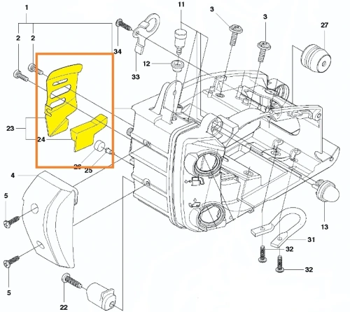 Osłona karteru pilarki Husqvarna 556, wykonana z tworzywa sztucznego, w kolorze czarnym z widocznymi szczelinami. Ujęcie w zbliżeniu, ukazujące detale mocowania oraz kształt. Element nowy, leżący na białym tle.