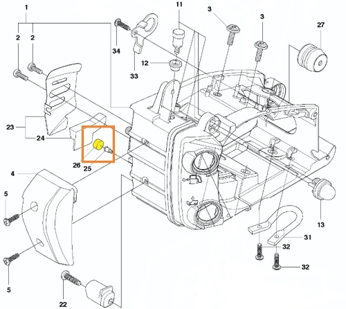 Uszczelka odpowoetrznika pilarki spalinowej Husqvarna Model T425, zdjęcie schematu umiejscowienia uszczelki, uszczelka oznaczona kolorem żółtym, numerem 26