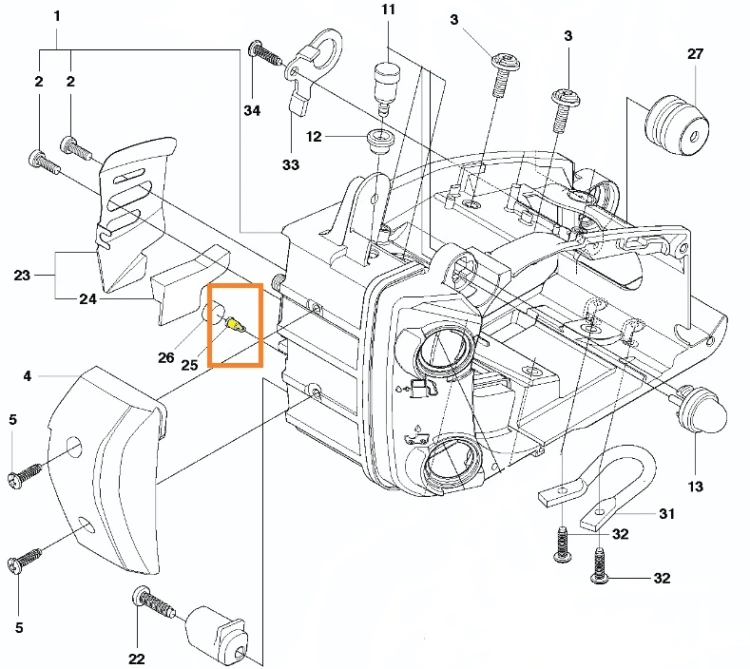 Odpowietrznik do pilarek Husqvarna T425, metaliczny,. Cylindryczny kształt z otworami wentylacyjnymi, odpowiedni do standardowej instalacji, zdjęcie schematu, odpowietrznik oznaczony żółtym kolorem,