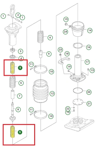 schemat, który przedstawia oryginalną sprężynę pomocniczą do zagęszczarek Husqvarna. Sprężyna wykonana z metalu w kolorze srebrnym pasuje do zagęszczarek LT 800, LT 8005 i LT 6005