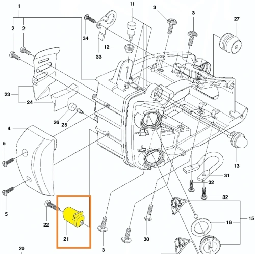 zdjęcie schematu wychwytnika pialrki spalinowej T425 Husqvarna, część oznaczona żółtym kolorem i numerem 21,