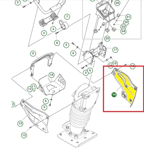 schemat przedstawia oryginalną pokrywę lewą do zagęszczarek Husqvarna. Część jest wykonana z metalu. Pasuje do zagęszczarek LT 6005 i LT 5005.