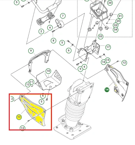 schemat przedstawia oryginalną pokrywę prawą do zagęszczarek Husqvarna. Część jest wykonana z metalu. Pasuje do zagęszczarek LT 6005 i LT 5005.