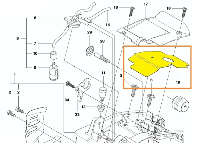 Zdjęcie schematu pokrywy skrzyni korbowej pilarki spalinowej T425 Husqvarna, część oznaczona żółtym kolorem, na schemacie ma numer 19, żółte oznaczenie na białym tle,
