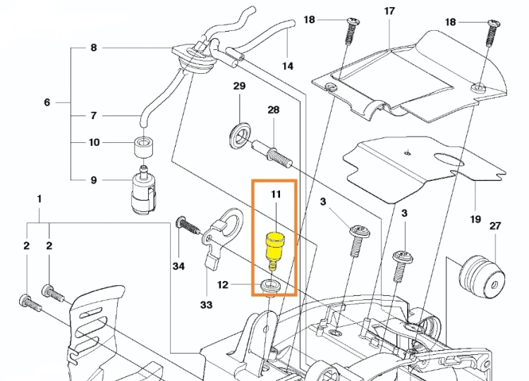 Odpowietrznik do pilarek Husqvarna T425, metaliczny,. Cylindryczny kształt z otworami wentylacyjnymi, odpowiedni do standardowej instalacji, zdjęcie schematu, odpowietrznik oznaczony żółtym kolorem,