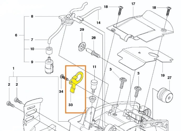 Zdjęcie schematu umiejscowienia łącznika pilarki T425 Husqvarna, łącznik przy skrzyni korbowej, oznaczony żółtym kolorem i numerem 33, żółte oznaczenie na białym tle,