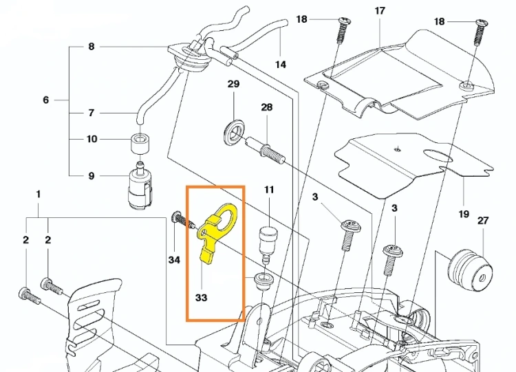 Zdjęcie schematu umiejscowienia łącznika pilarki T425 Husqvarna, łącznik przy skrzyni korbowej, oznaczony żółtym kolorem i numerem 33, żółte oznaczenie na białym tle,