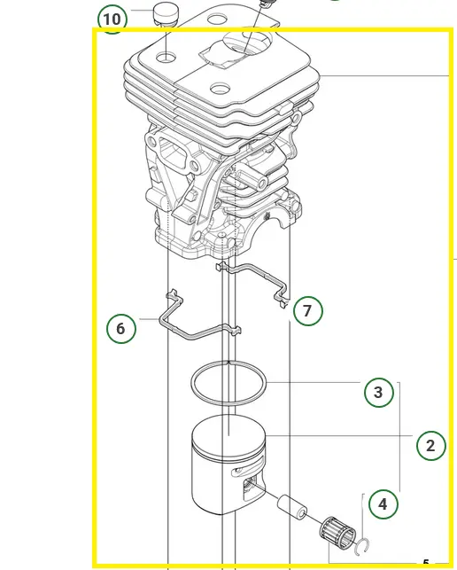 cylinder kompletny pilarki 450S Husqvarna. Produkt w kolorze matalicznym, z wyraźnymi żeberkami. Schemat zaznaczony na kolor żółty.