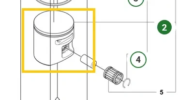 Zespół tłoka do pilarki 450S Husqvarna. Zdjęcie schematu, tłok zaznaczony na żółto. Białe tło.