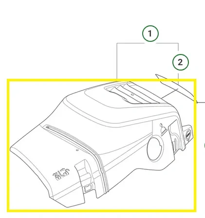 Pokrywa cylindra pilarki 450S Husqvarna, widok boczny. Zdjęcie schematu , pokrywa zaznaczona na żółto.