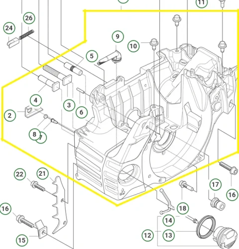 Zespół skrzyni korbowej pilarki 450S,445S Husqvarna. Zdjęcie schematu, skrzynia zaznaczona żółtym kolorem