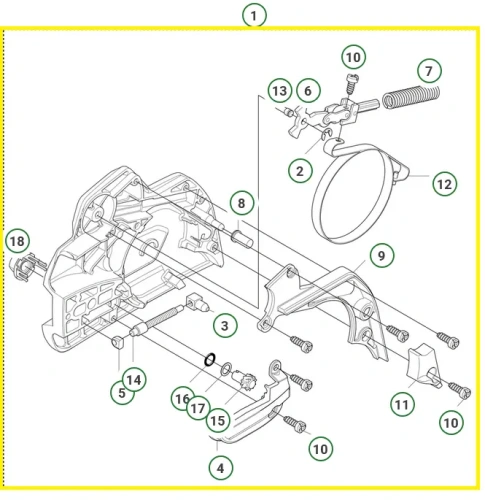 Zespół osłony sprzęgła pilarki 450S, 445S Husqvarna. Elementy montażowe i sprężyny widoczne w zestawie. Zdjęcie schematu, osłona zaznaczona na kolor żółty.