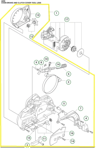 Zespół osłony sprzęgła 445S Husqvarna. Elementy montażowe i sprężyny widoczne w zestawie. Zdjęcie schematu, osłona zaznaczona na kolor żółty.