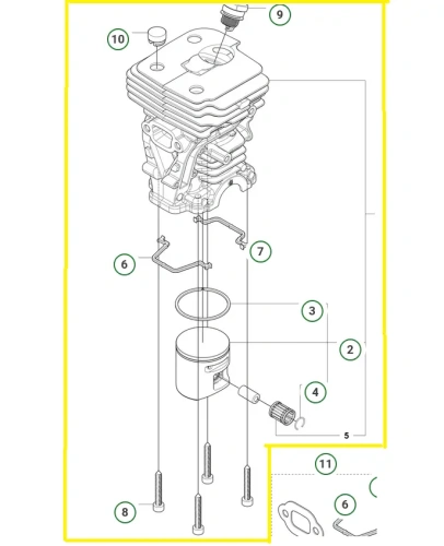 Zespół cylindra do pilarki 445S Husqvarna. Zdjęcie schematu, cylinder zaznaczony na kolor żółty