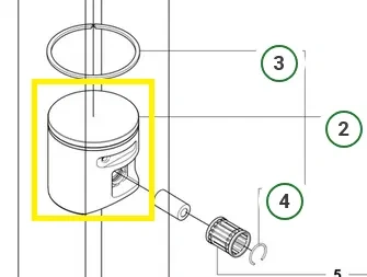 Zespół tłoka do pilarki 450S Husqvarna. Zdjęcie schematu, tłok zaznaczony na żółto. Białe tło.
