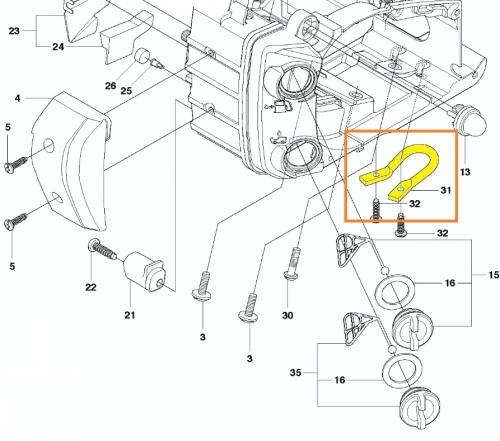 zdjęcie schematu uchwytu do obudowy pilarki T425 Husqvarna, część oznaczona żółtym kolorem i numerem 31,
