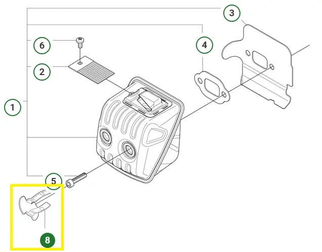 Zaślepka tłumika do pilarki 450S, 445S Husqvarna. Na schemacie zaznaczony kolorem żółtym korek. Białe tło.