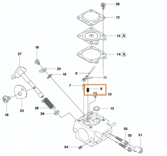 sprężyna do gaźnika pilarki spalinowej T425 Husqvarna, zdjęcie przedstawiające schemat umiejscowienia sprężyny, sprężyna mała, metalowa, na schemacie oznaczona pomarańczową ramką,