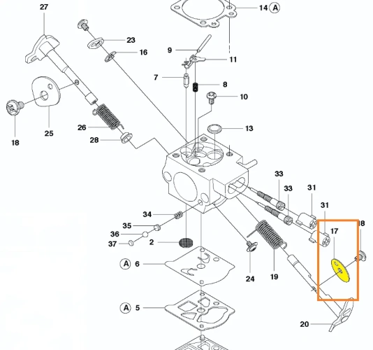 Zawór gaźnika do pilarki Husqvarna T425P, element ma cylindryczny kształt, zdjęcie schematowe, zawór oznaczony kolorem żółtym i numerem 17,