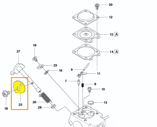Zawór gaźnika do pilarki Husqvarna T425, element ma cylindryczny kształt, zdjęcie schematowe, zawór oznaczony kolorem żółtym i numerem 25,
