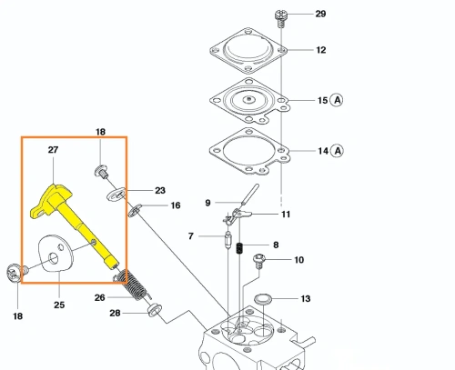 Wałek przepustnicy gaźnika do pilarki Husqvarna T425 w kolorze żółtym, o cylindrycznym kształcie. Produkt widoczny ze strony, montowany, z wyraźnym łącznikiem po jednym końcu. Tło jasne, podkreśla detale.