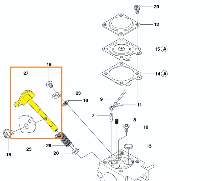 Wałek przepustnicy gaźnika do pilarki Husqvarna T425 w kolorze żółtym, o cylindrycznym kształcie. Produkt widoczny ze strony, montowany, z wyraźnym łącznikiem po jednym końcu. Tło jasne, podkreśla detale.