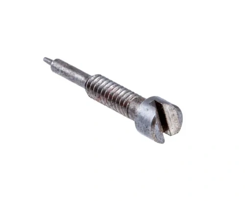 Zawór iglicowy gaźnika do pilarki T425 Husqvarna o metalowej, błyszczącej powierzchni, Ujęcie z boku, ukazuje szczegóły konstrukcji. Tło jest jednolite, co podkreśla detal.