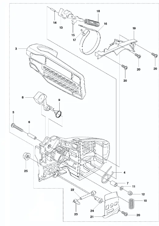 Zespół hamulca pilarki T425 Husqvarna z widocznymi elementami: uchwyt hamulca, sprężyna, mocowania. Produkt pokazany z boku na jednolitym tle w stanie rozłożonym.