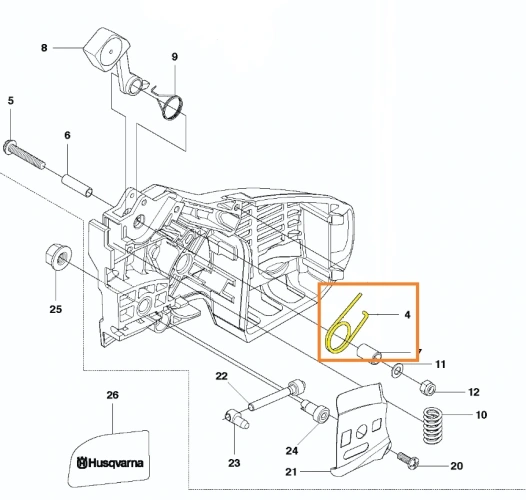 Sprężyna dźwigni hamulca do pilarki Husqvarna T425, metalowa, widoczna z boku, zdjęcie schematu umiejscowienia sprężyny przy dźwigni, oznaczona żółtym kolorem i numerem 4,
