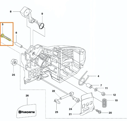 Metaliczna śruba dźwigni hamulca pilarki Husqvarna T425, z widocznym gwintem ułatwiającym montaż, pokazana pod kątem, bez tła, w schemacie wraz z innymi elementami urządzenia, oznaczona kolorem żółtym i numerem 5,