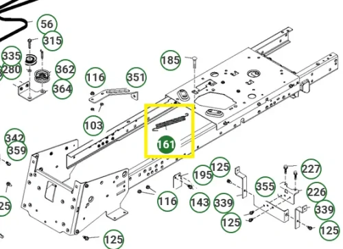 Sprężyna traktora TC142 Husqvarna o cylindrycznym kształcie, oznaczona numerem 161, widoczna na schemacie montażowym. Cienka, metalowa, na białym tle podkreślającym detale.