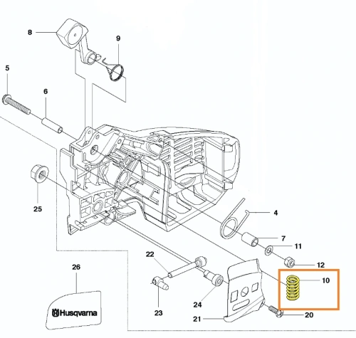 zdjęcie schematu sprężyny powrotnej do modelu T425 Husqvarna, sprężyna na jasnym tle oznaczona kolorem żółtym i numerem 10,