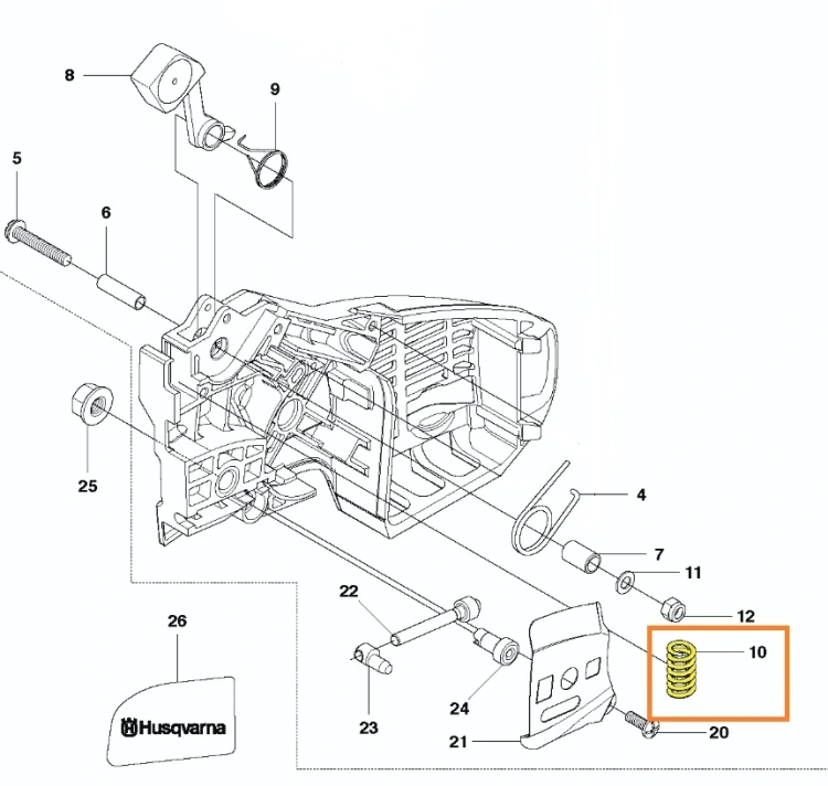 zdjęcie schematu sprężyny powrotnej do modelu T425 Husqvarna, sprężyna na jasnym tle oznaczona kolorem żółtym i numerem 10,