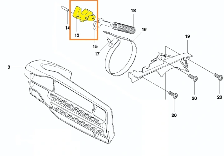 Dźwignia pilarki T425 Husqvarna, Produkt widoczny z boku, Tło białe, co podkreśla szczegóły konstrukcji i kształt dźwigni, zdjęcie schematu, dźwignia oznaczona kolorem żółtym i numerem 13,