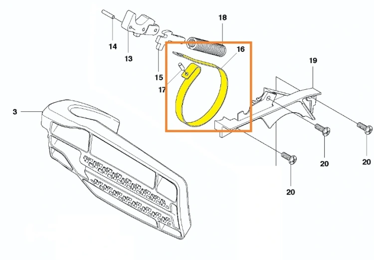 Taśma hamulca pilarki Husqvarna, o okrągłym kształcie z przymocowanym hakiem. Widoczny element mocujący oraz prosty mechanizm, leżący na białym tle. Idealna do montażu w pilarce T425, zdjęcie schematu, sprężyna oznaczona żółty kolorem i numerem 16,