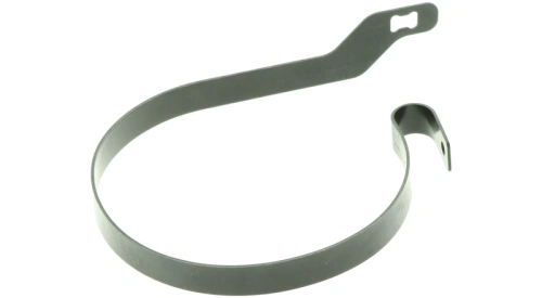 Taśma hamulca pilarki Husqvarna w metalicznym kolorze, o okrągłym kształcie z przymocowanym hakiem. Widoczny element mocujący oraz prosty mechanizm, leżący na białym tle. Idealna do montażu w pilarce T425,