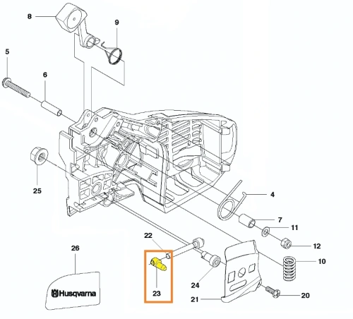 zdjęcie schematu nakrętki napinacza pilarki T425 Husqvarna, nakrętka oznaczona kolorem żółtym i numerem 23,