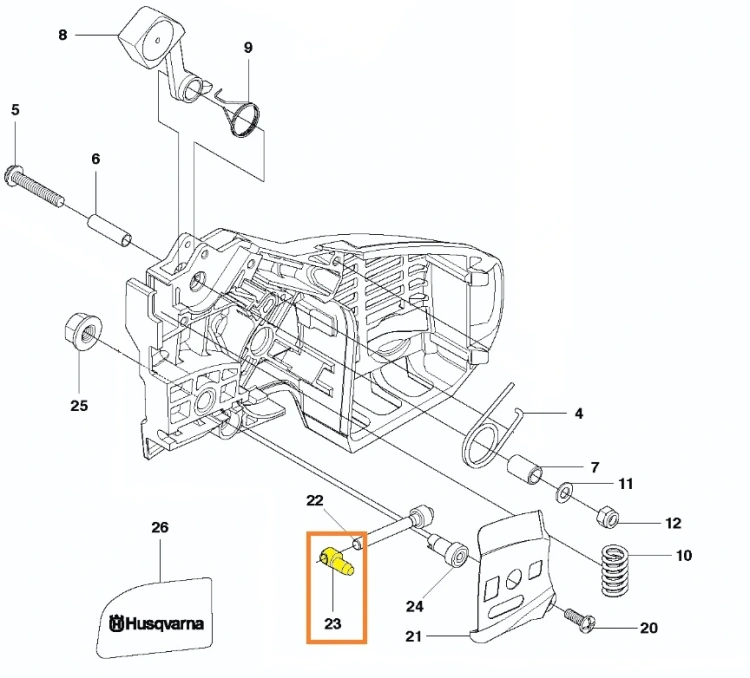 zdjęcie schematu nakrętki napinacza pilarki T425 Husqvarna, nakrętka oznaczona kolorem żółtym i numerem 23,