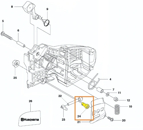 zdjęcie schematu zębatki napinacza łańcucha do pilarki T425 Husqvarna, zębatka oznaczona kolorem żółtym i numerem 24, ujęcie z boku pokazujące umiejscowienie zębatki na schemacie,