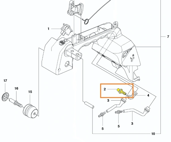 Łącznik przewodu paliwa do pilarki Husqvarna T425. Ujęcie z boku, pokazujące detale montażowe oraz numery części. Umiejscowiony na tle białym, podkreślającym precyzyjne oznaczenia i kształt komponentu.