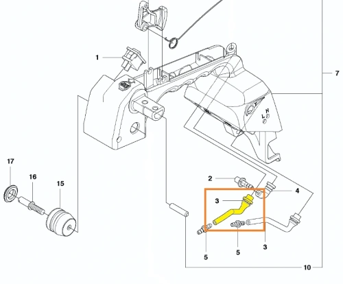 Przewód paliwa do pilarki Husqvarna T425, widoczny w zbliżeniu. Produkt leży na białym tle, eksponując detale złączy. Brak widocznych logo lub oznaczeń. Umiejscowienie na schemacie, oznaczone kolorem żółtym i numerem 3.