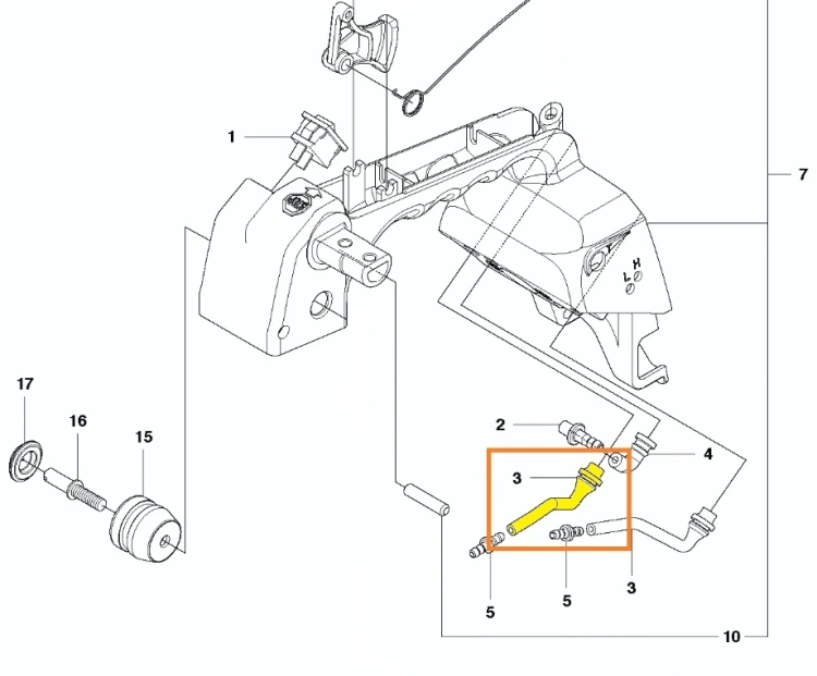 Przewód paliwa do pilarki Husqvarna T425, widoczny w zbliżeniu. Produkt leży na białym tle, eksponując detale złączy. Brak widocznych logo lub oznaczeń. Umiejscowienie na schemacie, oznaczone kolorem żółtym i numerem 3.