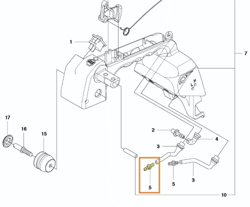 Zdjęcie schematu umiejscowienia elementu łączącego pilarki T425 Husqvarna, łącznik przy przewodzie paliwowym, oznaczony żółtym kolorem i numerem 5, żółte oznaczenie na białym tle,