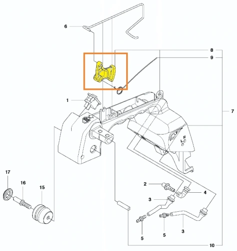 dźwignia gazu do pilarki spalinowej T425 Husqvarna, zdjęcie schematu ukazujące umiejscowienie dźwigni, zdjęcie z boku, dźwignia oznaczona żółtym kolorem i numerem 8,