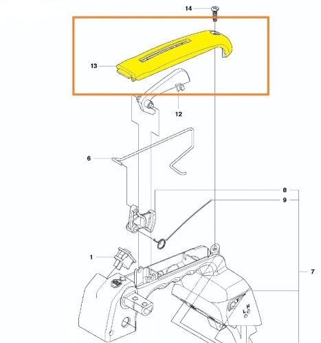 Pokrywa dźwigni gazu pilarki T425 Husqvarna, żółty element na jasnym tle zaznaczony pomarańczową ramką, ujęcie z boku na zdjęciu schematowym pokazujące umiejscowienie pokrywy w pilarce,