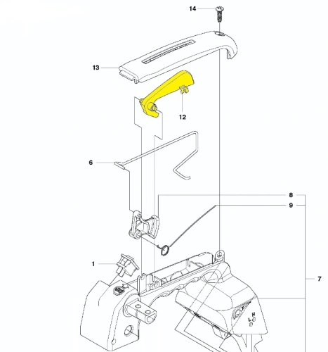 Blokada dźwigni gazu do pilarki T425 Husqvarna, montowana na obudowie, zdjęcie przedstawiające schemat, blokada oznaczona kolorem żółtym i numerem 12,